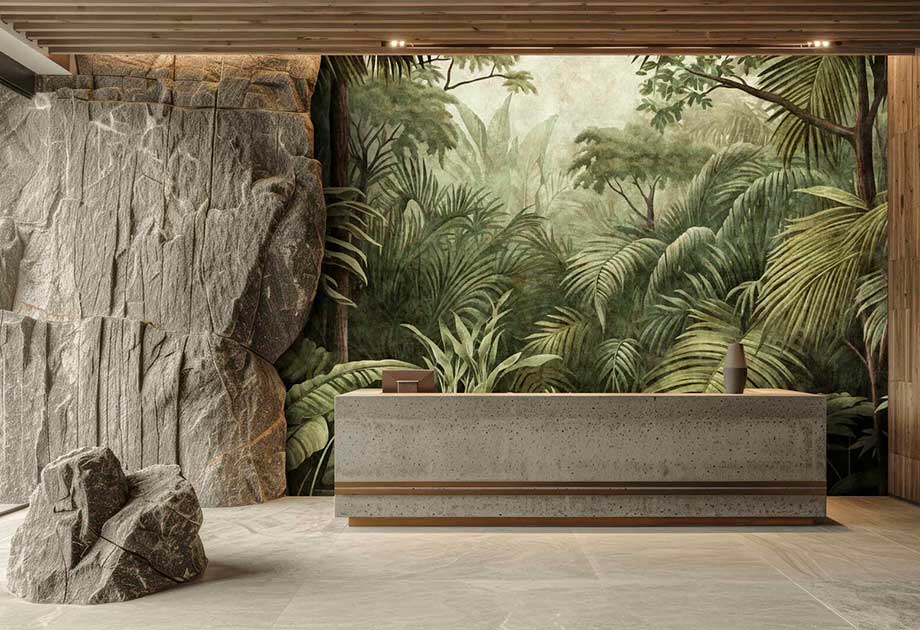 Foto mit einer Theke aus Beton im Hintergrund eine dschungelartige Tapete